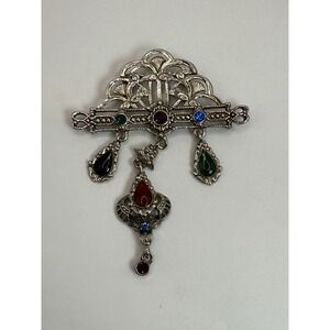 Vintage Silver Tone Cross Brooch – Multicolor Rhinestone Dangle Pendant Pin